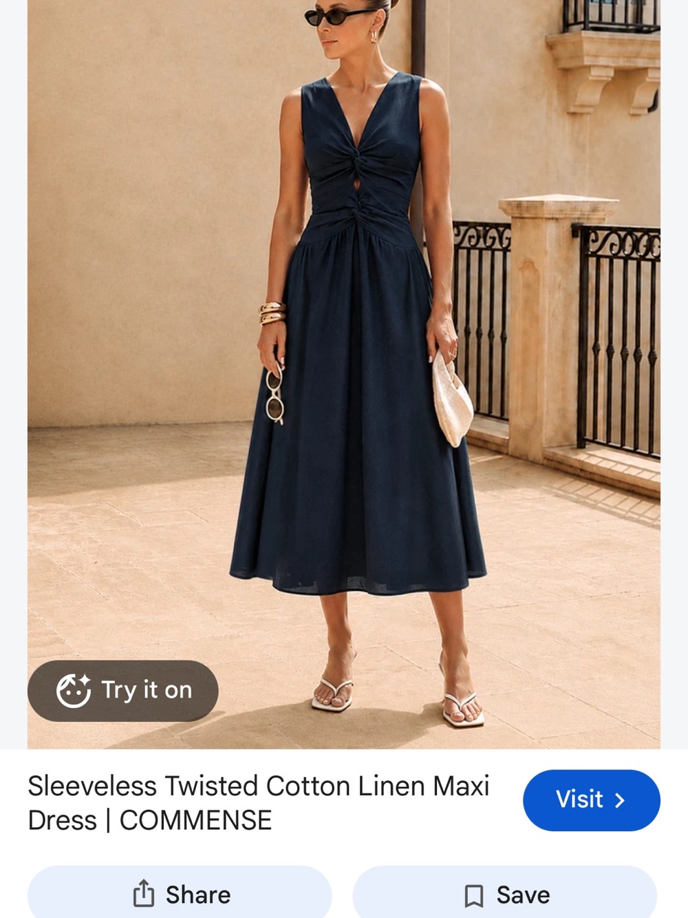 Commense Dark Blue Sleeveless Twist-Front Midi Dress